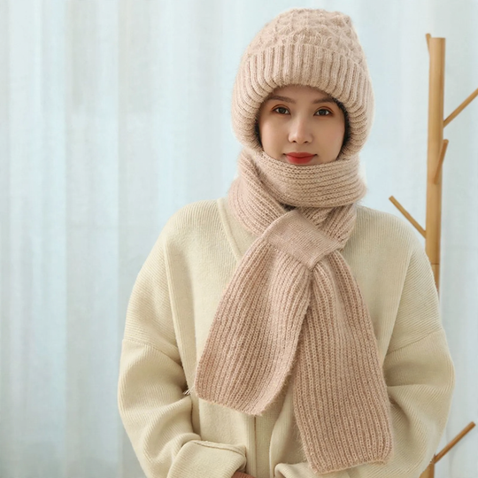 Gefütterte Strickmütze mit Schal für Damen