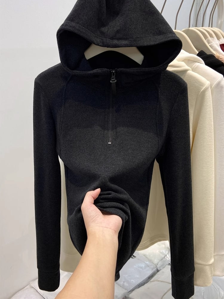 Damen-Kapuzenpullover mit halbem Reißverschluss und Futter