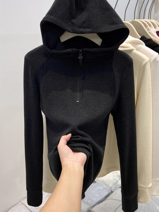 Damen-Kapuzenpullover mit halbem Reißverschluss und Futter