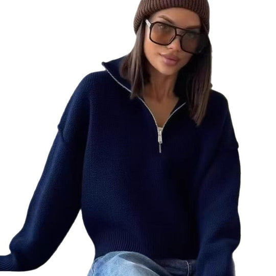 Damen-Strickpullover mit Stehkragen und Reißverschluss