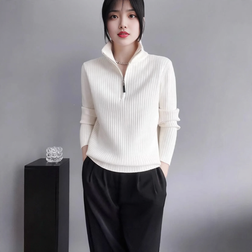 Damen-Strickpullover mit Reißverschluss und Fingerlöchern