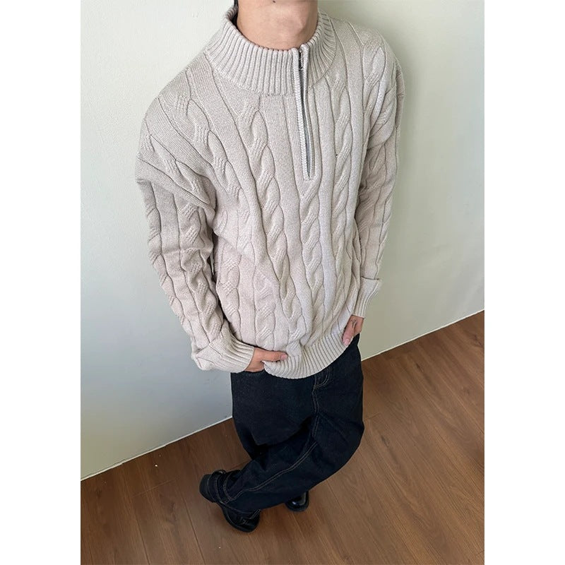 Herren-Strickpullover mit Zopfmuster und Reißverschluss