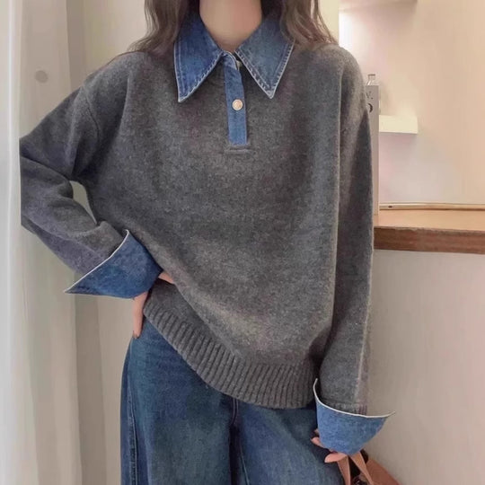 Damen-Strickpullover mit Polo-Kragen und Jeans-Ärmeln