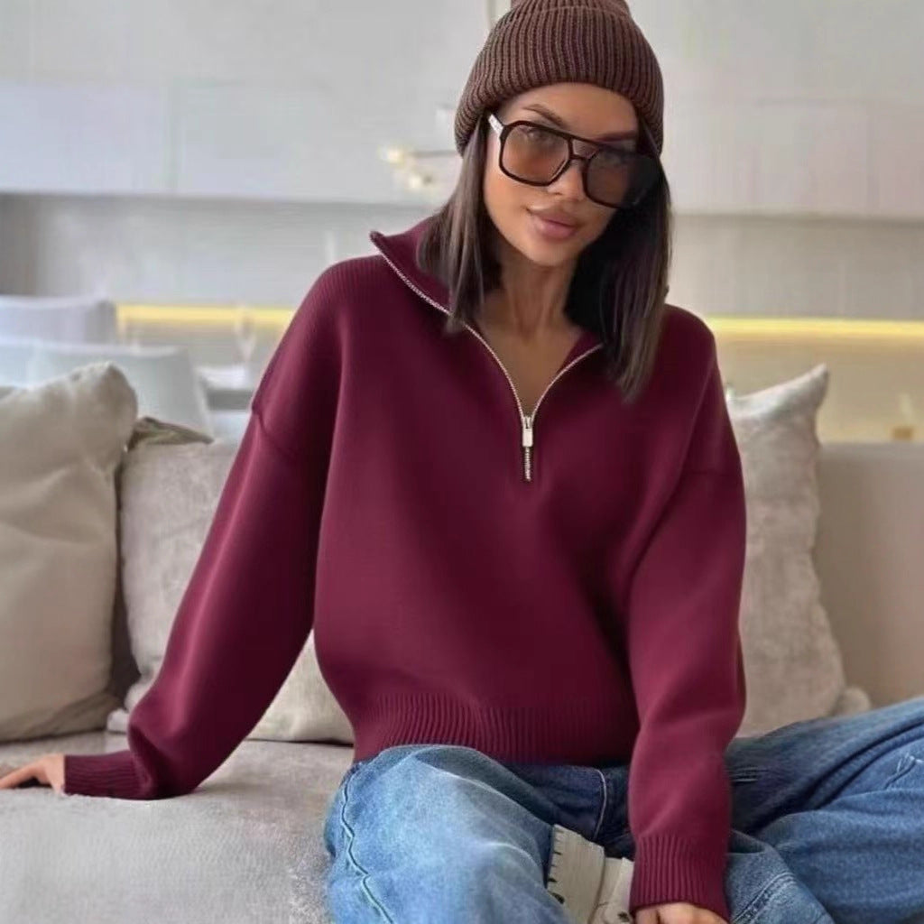 Damen-Strickpullover mit Stehkragen und Reißverschluss