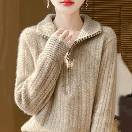 Damen-Strickpullover mit Zopfmuster und Reißverschluss