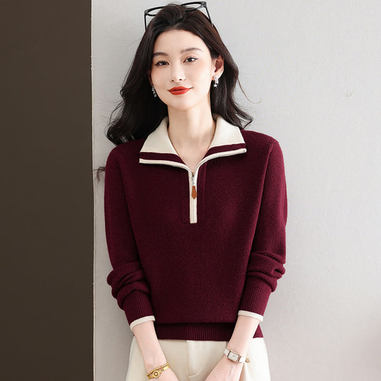 Damen-Strickpullover mit Reißverschluss und Kontrastfarben