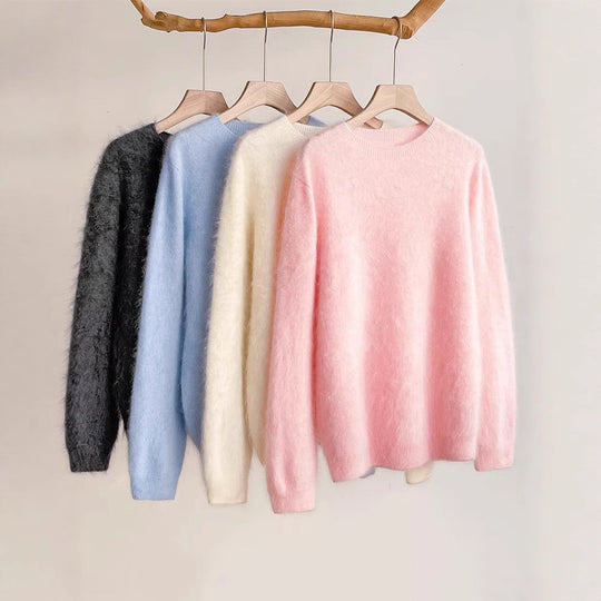 Damen-Kaschmir-Wollpullover, gebürstet, Rund- oder V-Ausschnitt