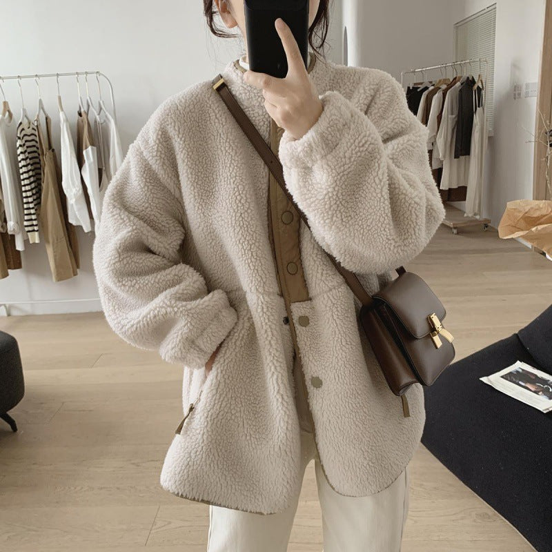 Damen-Lammfellimitat-Jacke, Stehkragen, gefüttert