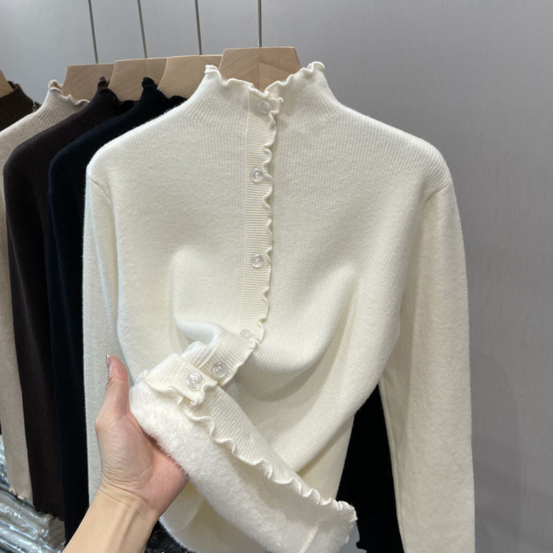 Damen-Pullover mit Stehkragen und Wellensaum