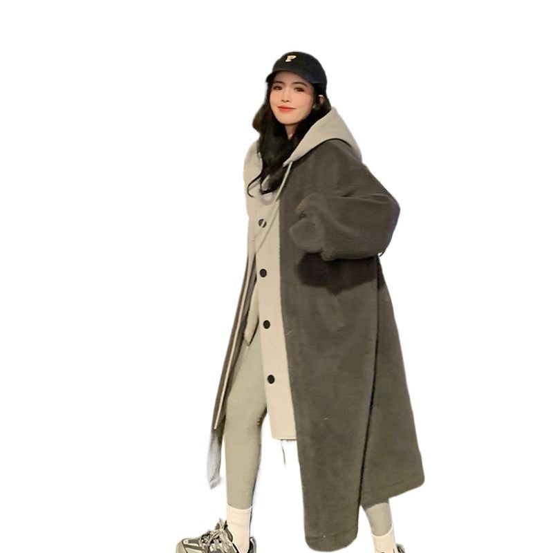 Lammfleece-Kapuzenmantel für Damen, lang, lockere Passform