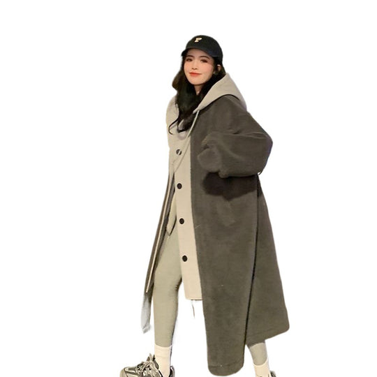 Lammfleece-Kapuzenmantel für Damen, lang, lockere Passform