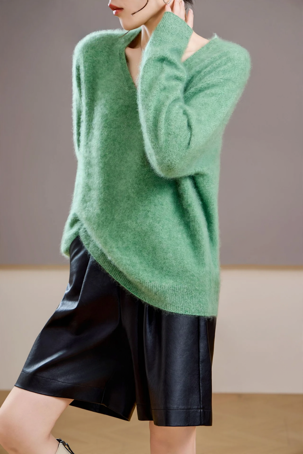 Damen-Kaschmir-Wollpullover, gebürstet, Rund- oder V-Ausschnitt
