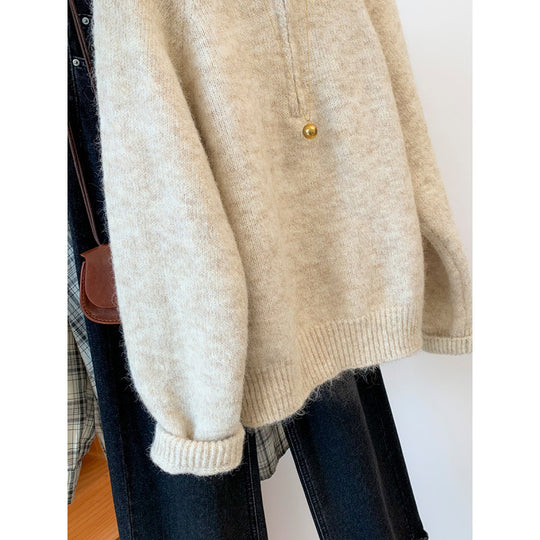 Damen-Strickpullover mit Kapuze und halbem Reißverschluss