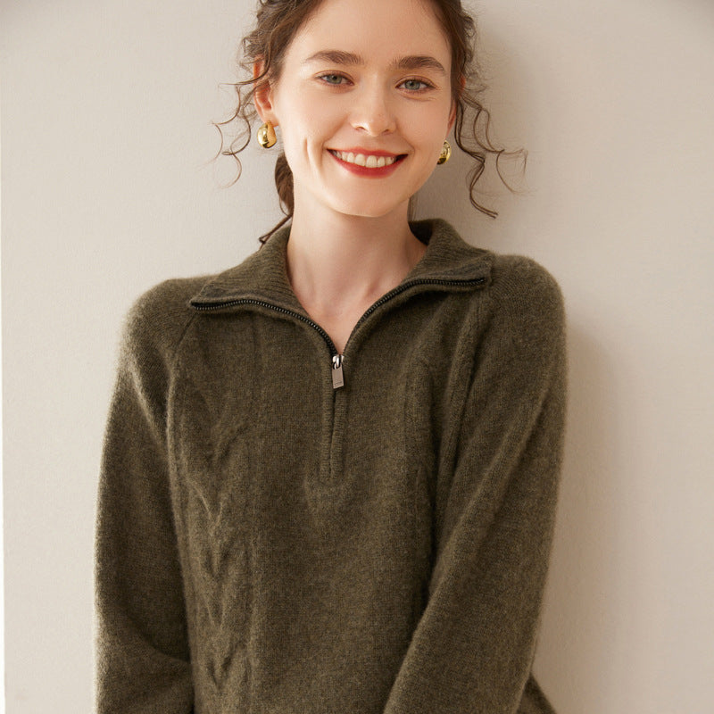 Damen-Kaschmirpullover mit Stehkragen und Reißverschluss