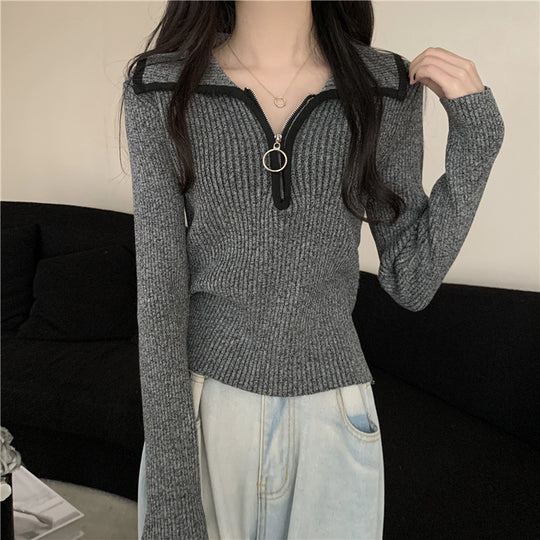 Damen-Strickpullover mit Reißverschluss und Kragen