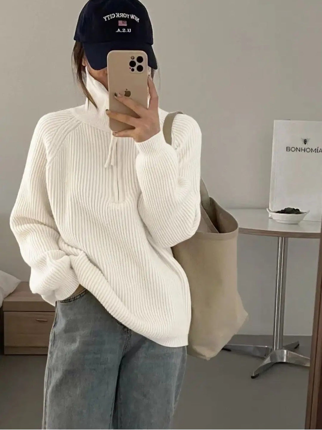 Damen-Strickpullover mit Reißverschluss, Rippstrick