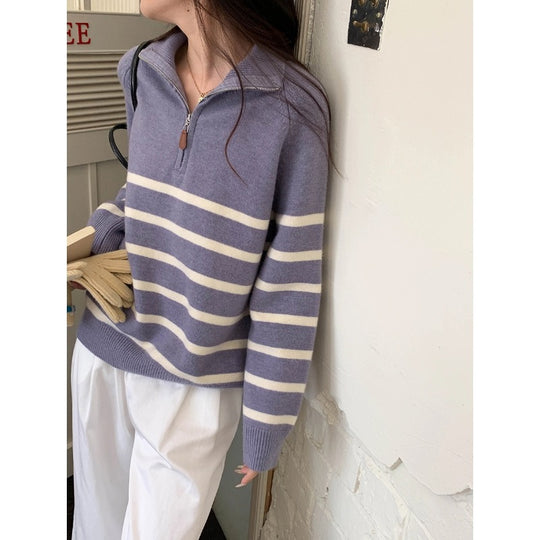 Damen-Strickpullover mit Reißverschluss und Streifenmuster