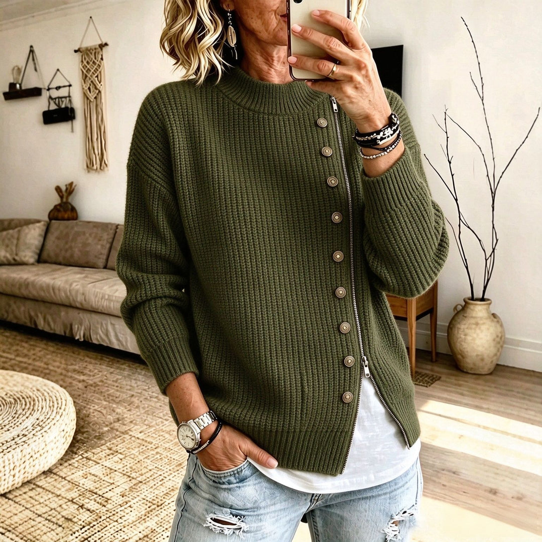 Damen-Strickpullover mit asymmetrischem Reißverschluss
