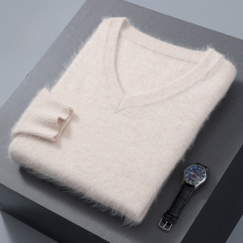 Herren-Wollpullover, V-Ausschnitt, locker, unifarben
