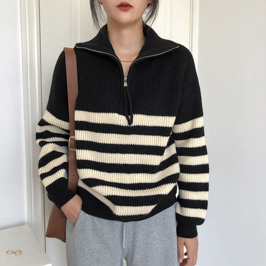 Damen-Strickjacke mit Reißverschluss und Streifenmuster