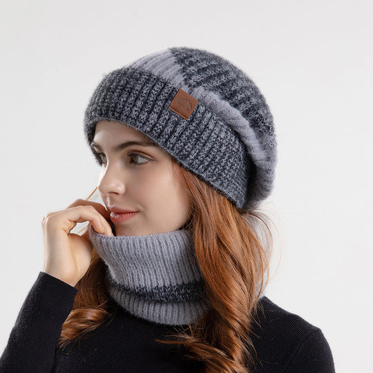 Strickmütze und Schal Set, gefüttert, zweifarbig