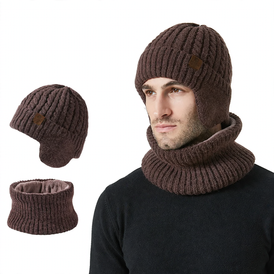 Unisex Strickmütze und Schal Set, warm, mit Ohrenschutz