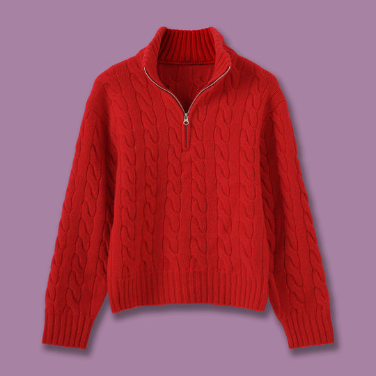 Zopfmuster-Strickpullover mit Reißverschluss und Stickerei