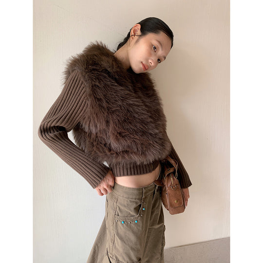 Strickjacke mit Kunstfell-Besatz und Reverskragen