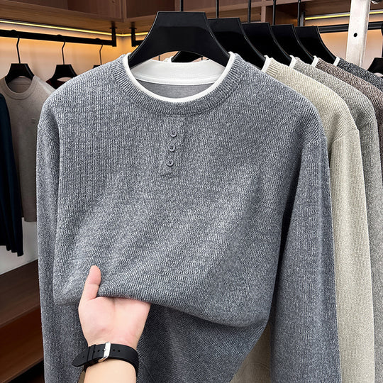 Herren-Strickpullover, Rundhalsausschnitt, Langarm, Fake-Layer-Optik