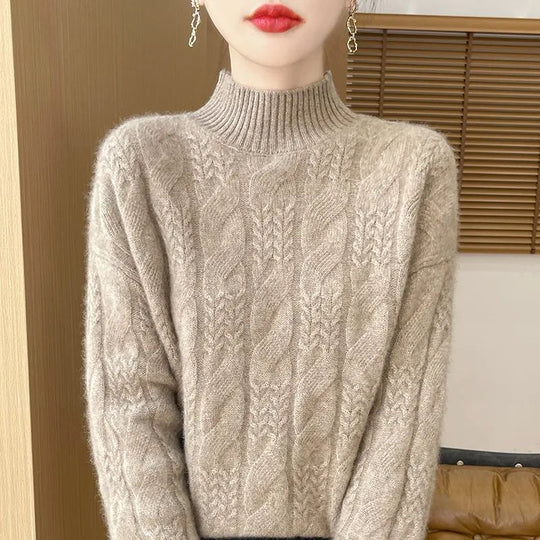Damen Strickpullover, Stehkragen, Zopfmuster, 3D-Optik