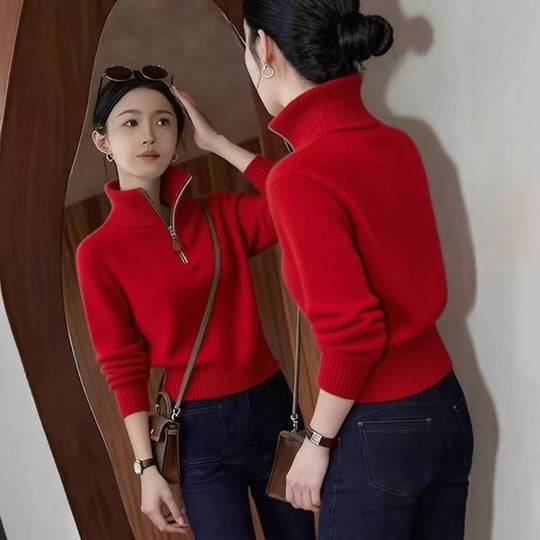 Eleganter Damen-Strickpullover mit halbem Reißverschluss