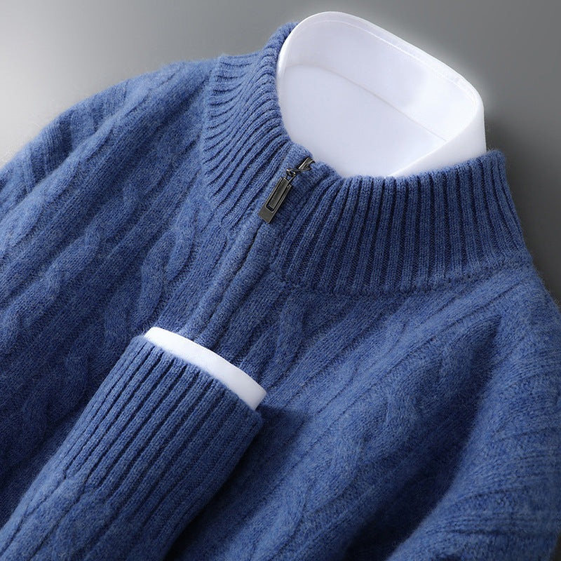 Herren-Wollpullover, 100% Wolle, Reißverschluss, Zopfmuster