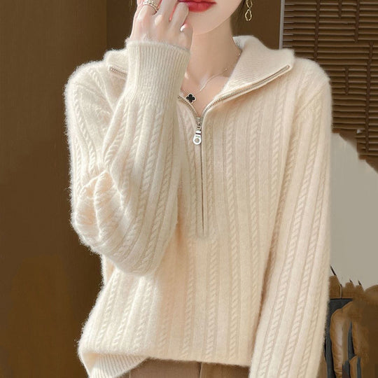 Damen-Strickpullover mit Zopfmuster und Reißverschluss