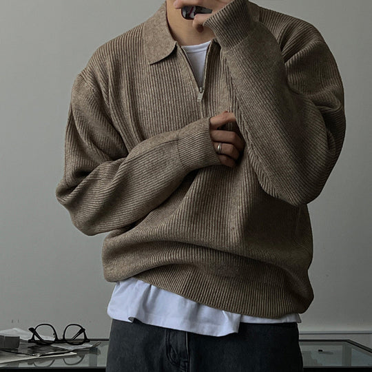 Herren-Strickpullover mit halbem Reißverschluss und Polokragen
