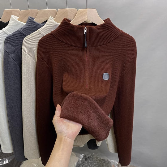Damen-Strickpullover mit Stehkragen und Fleecefutter