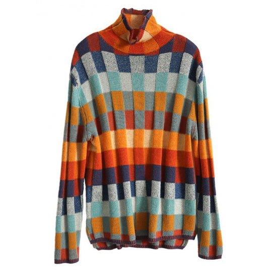 Damen-Strickpullover, Schachbrettmuster, Rollkragen