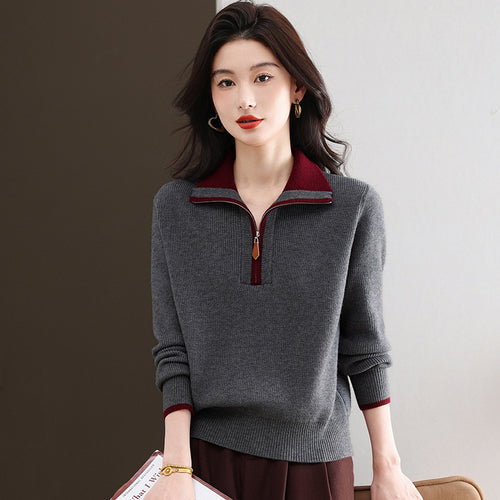Damen-Strickpullover mit Reißverschluss und Kontrastfarben