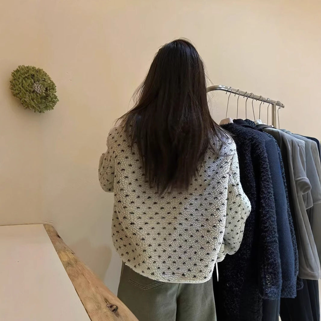 Gepunktete Lammfleece-Jacke mit Reißverschluss