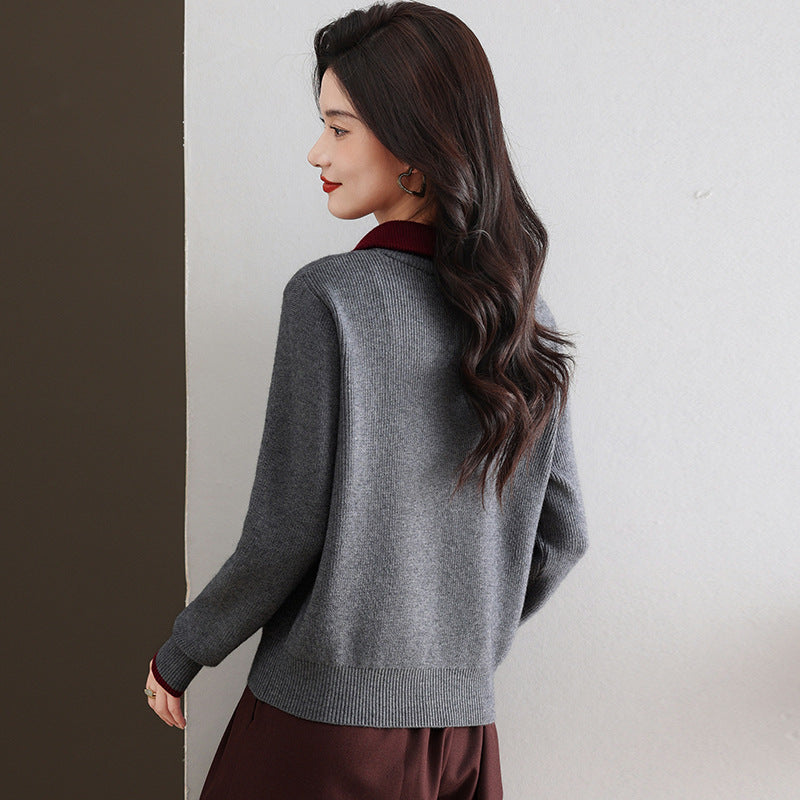 Damen-Strickpullover mit Reißverschluss und Kontrastfarben