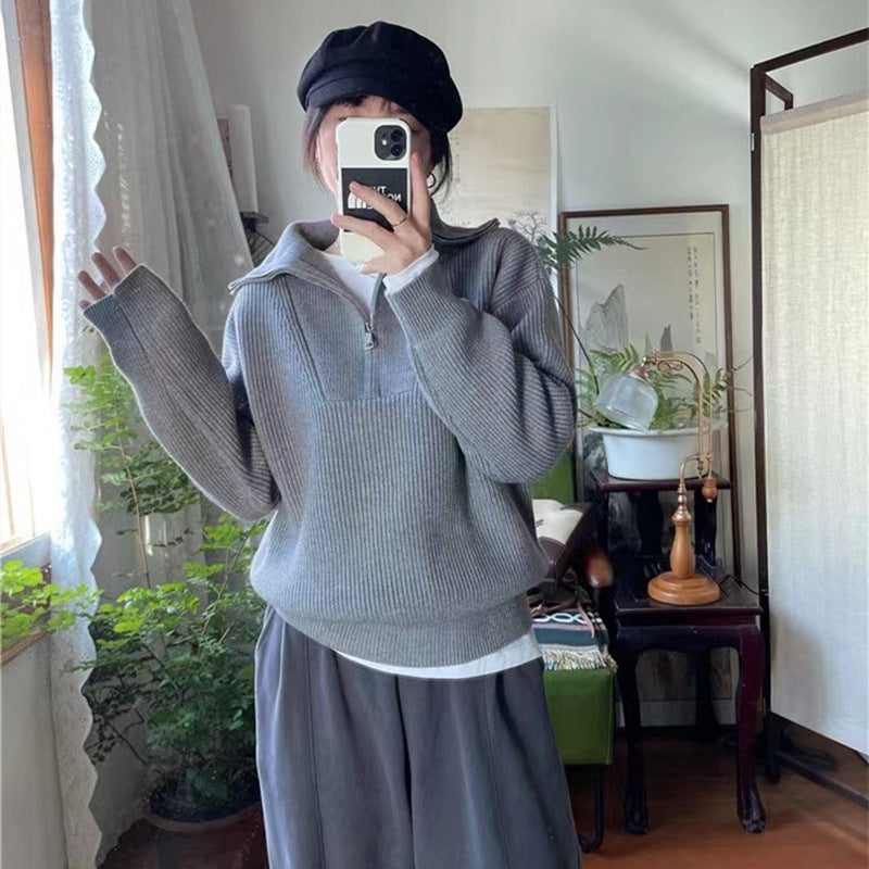 Damen-Strickpullover mit Reißverschluss und Rippstrick