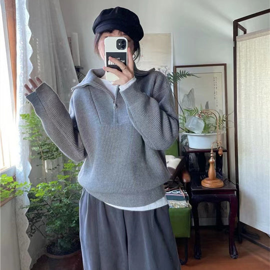 Damen-Strickpullover mit Reißverschluss und Rippstrick