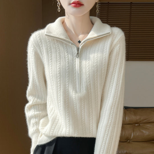 Damen-Wollpullover mit Zopfmuster und halbem Reißverschluss