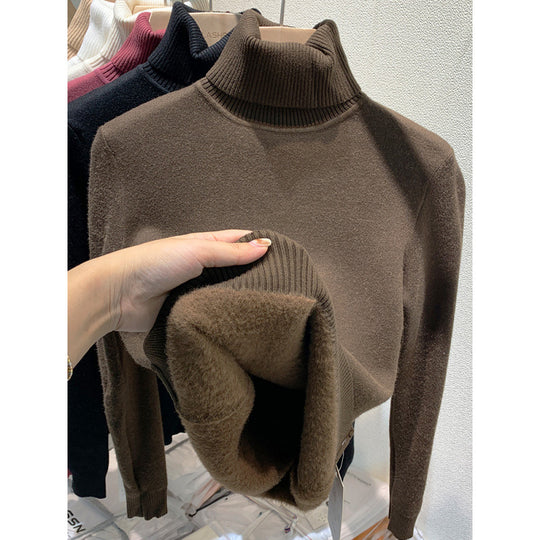 Gefütterter Damen-Strickpullover mit hohem Kragen