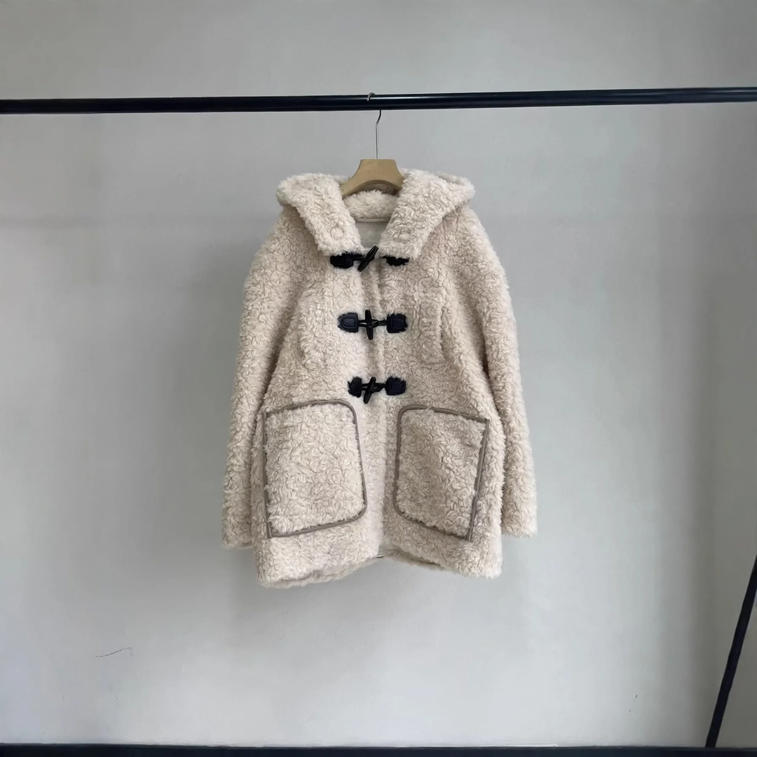 Damen-Teddy-Fleecejacke mit Kapuze und Knebelknöpfen