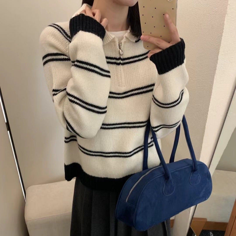 Damen-Strickpullover mit Reißverschluss und Streifenmuster