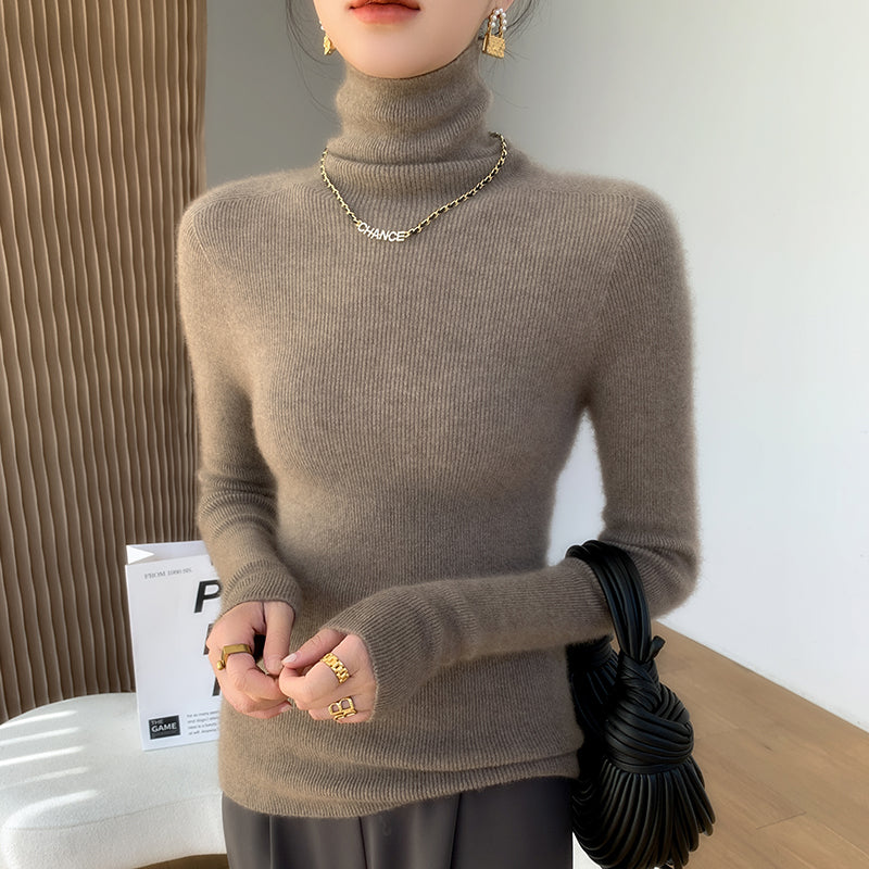 Damen-Rollkragenpullover aus Kaschmir, gerippt, schmal geschnitten