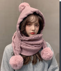 3er Pompom Schal Mütze Rosa