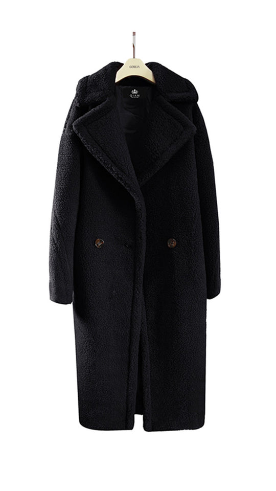 Langer Mantel aus Lammwolle und Korallenfleece