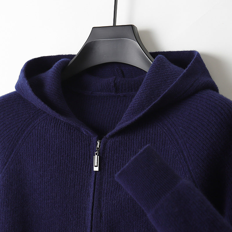 Herren-Strickjacke mit Kapuze, 100% Wolle