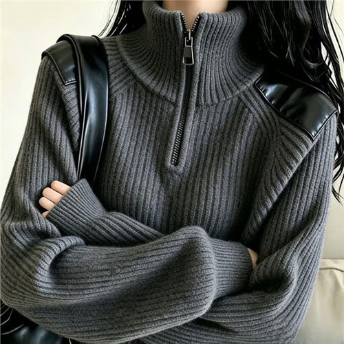 Damen-Strickpullover mit Reißverschluss und Stehkragen
